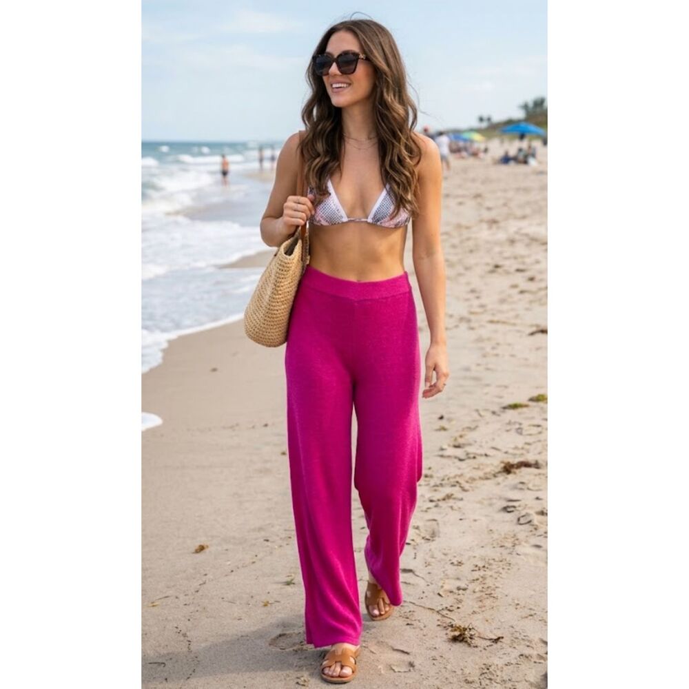 Zara Pink Wide Leg Knit Beach Pant Semi Sheer Linen Blend Women's Size Medium